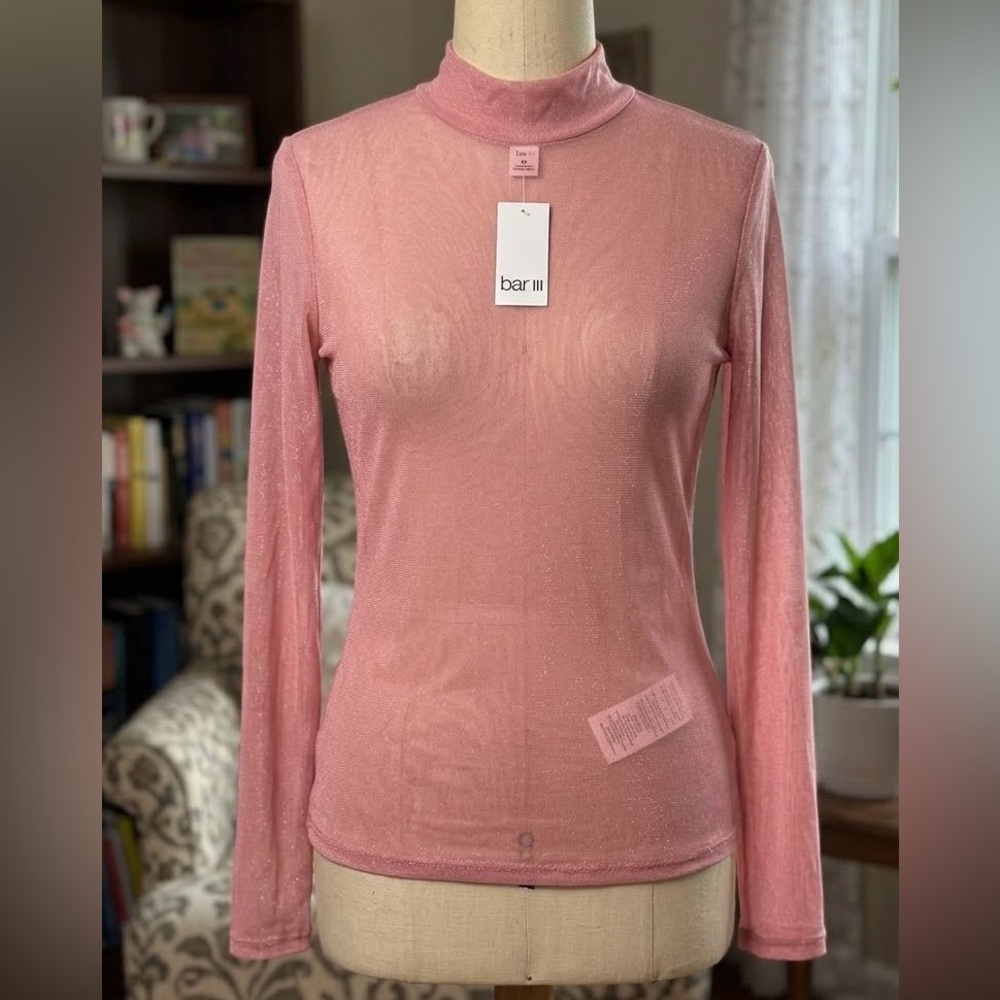 Bar III Shimmery Pink Sheer Mock Neck Long Sleeve Top